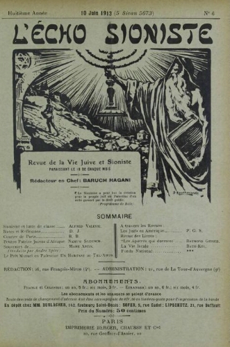 L'Echo Sioniste. Vol. 8 n° 6 (10 juin 1913)
